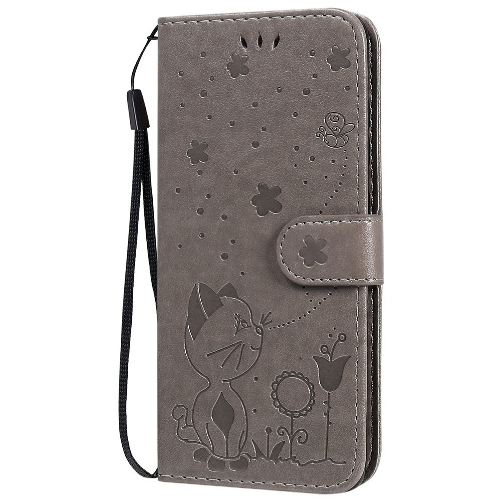 KT Imprinting Flower Series-4 Cat and Bee Pattern Imprinted Protective Cover with Stand Leather Wallet Case for Samsung Galaxy S20 4G/S20 5G - Grey