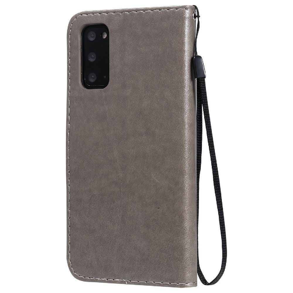 KT Imprinting Flower Series-4 Cat and Bee Pattern Imprinted Protective Cover with Stand Leather Wallet Case for Samsung Galaxy S20 4G/S20 5G - Grey