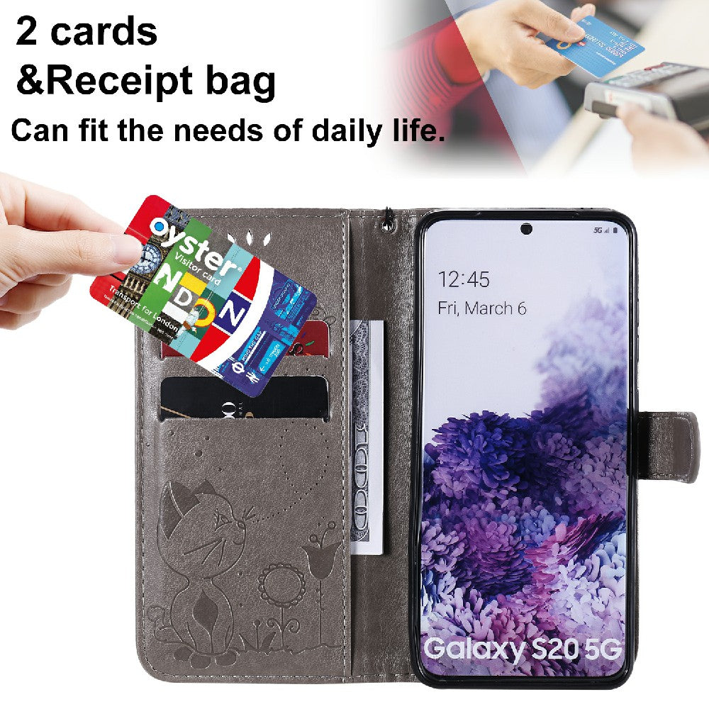 KT Imprinting Flower Series-4 Cat and Bee Pattern Imprinted Protective Cover with Stand Leather Wallet Case for Samsung Galaxy S20 4G/S20 5G - Grey