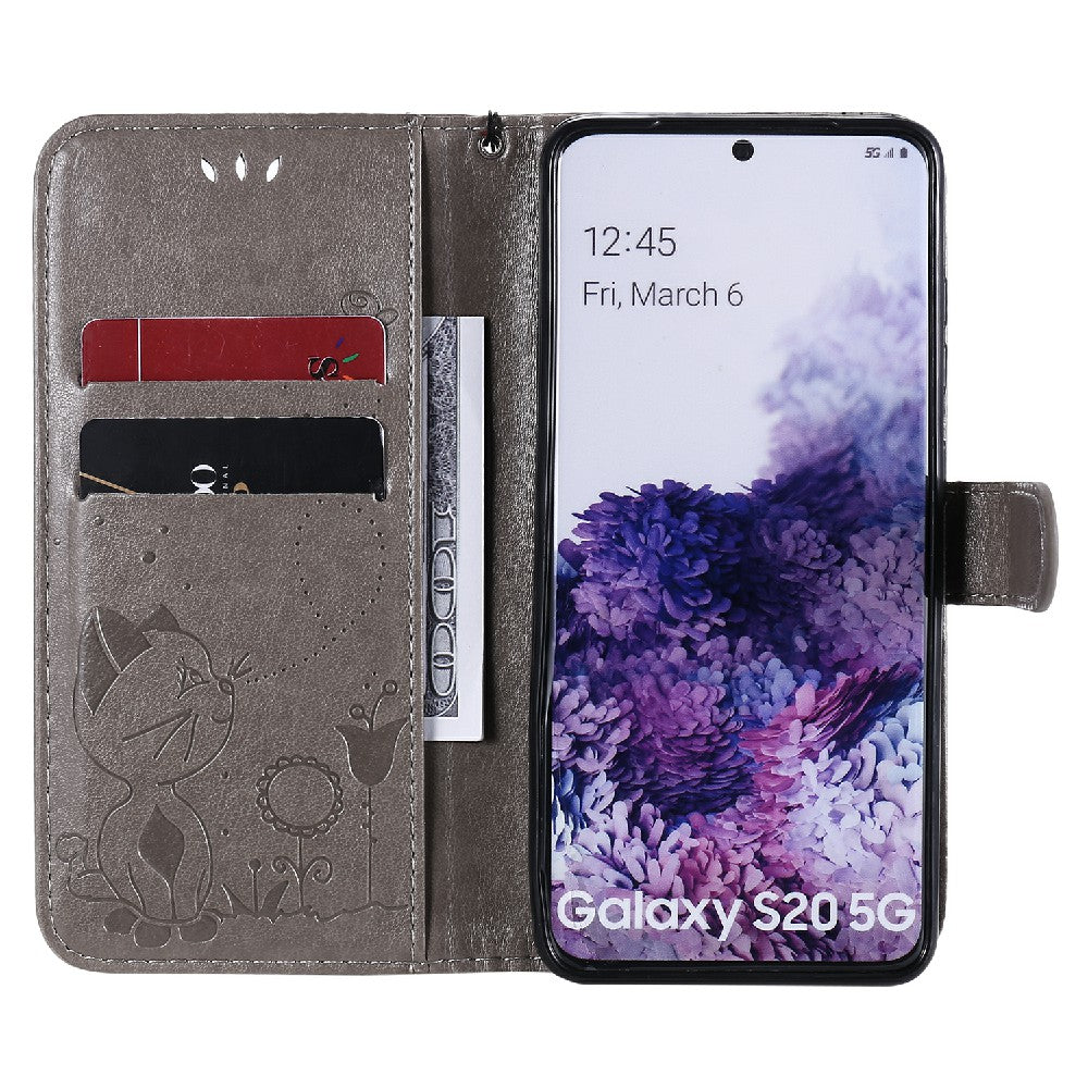 KT Imprinting Flower Series-4 Cat and Bee Pattern Imprinted Protective Cover with Stand Leather Wallet Case for Samsung Galaxy S20 4G/S20 5G - Grey