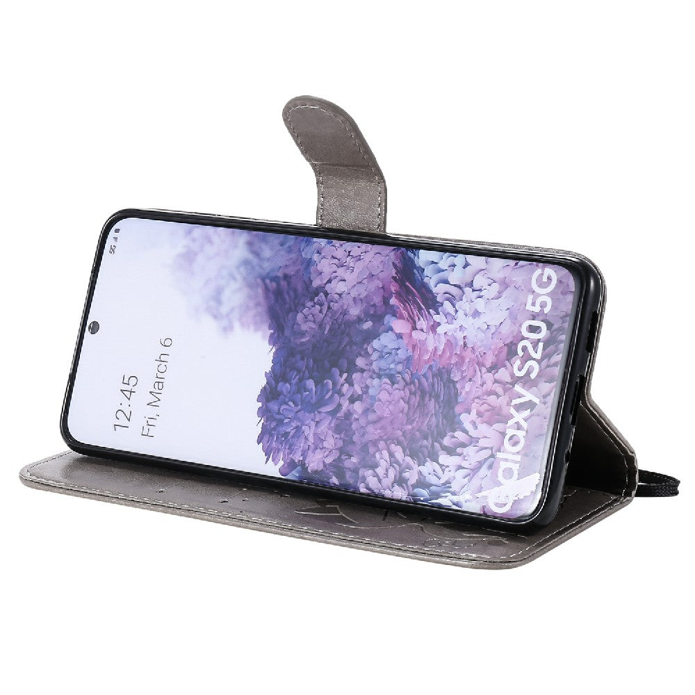 KT Imprinting Flower Series-4 Cat and Bee Pattern Imprinted Protective Cover with Stand Leather Wallet Case for Samsung Galaxy S20 4G/S20 5G - Grey