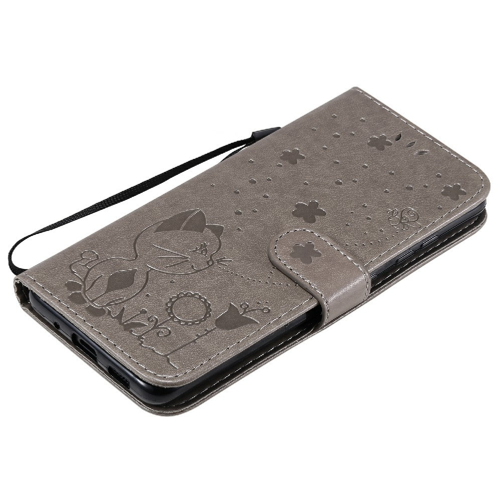 KT Imprinting Flower Series-4 Cat and Bee Pattern Imprinted Protective Cover with Stand Leather Wallet Case for Samsung Galaxy S20 4G/S20 5G - Grey