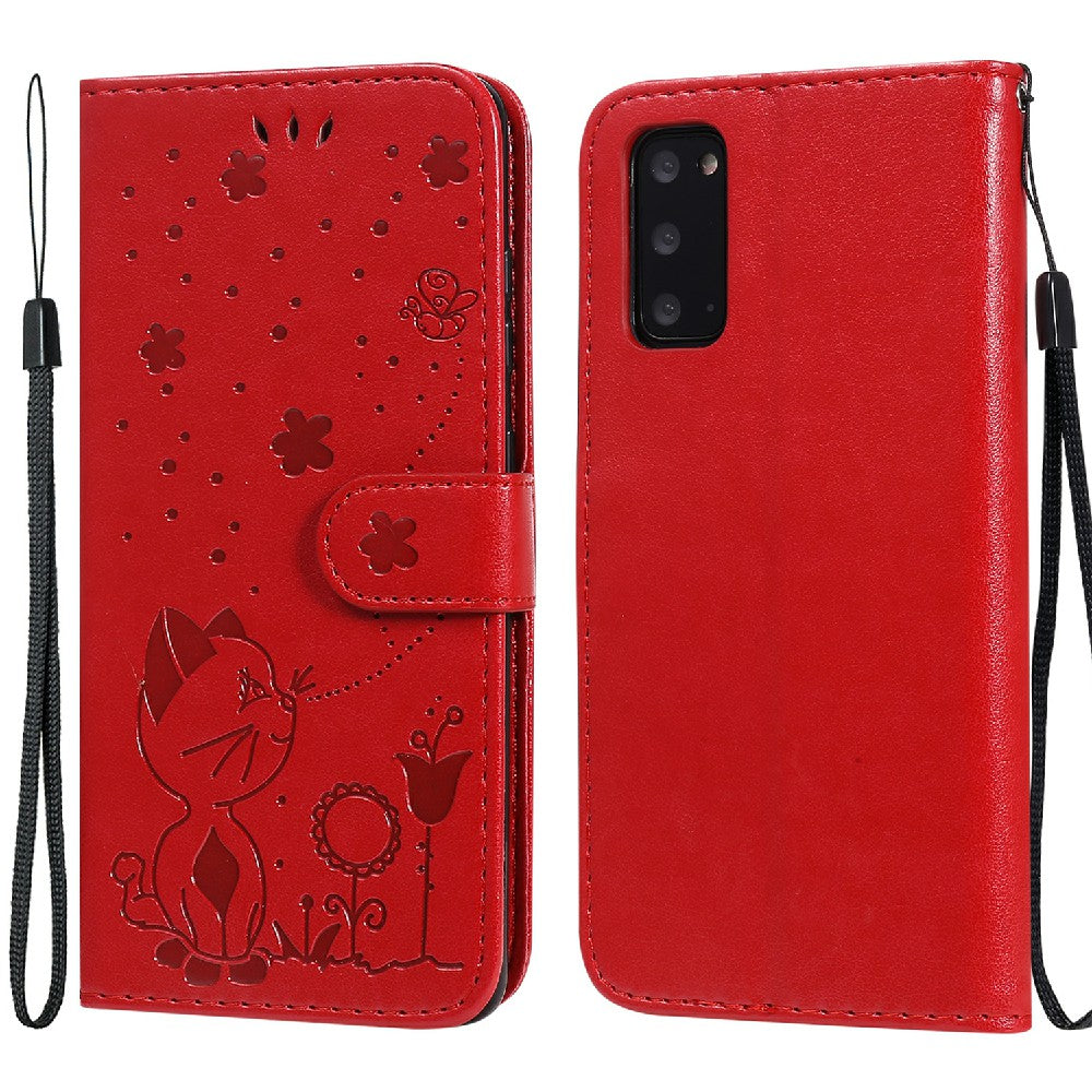 KT Imprinting Flower Series-4 Cat and Bee Pattern Imprinted Protective Cover with Stand Leather Wallet Case for Samsung Galaxy S20 4G/S20 5G - Red