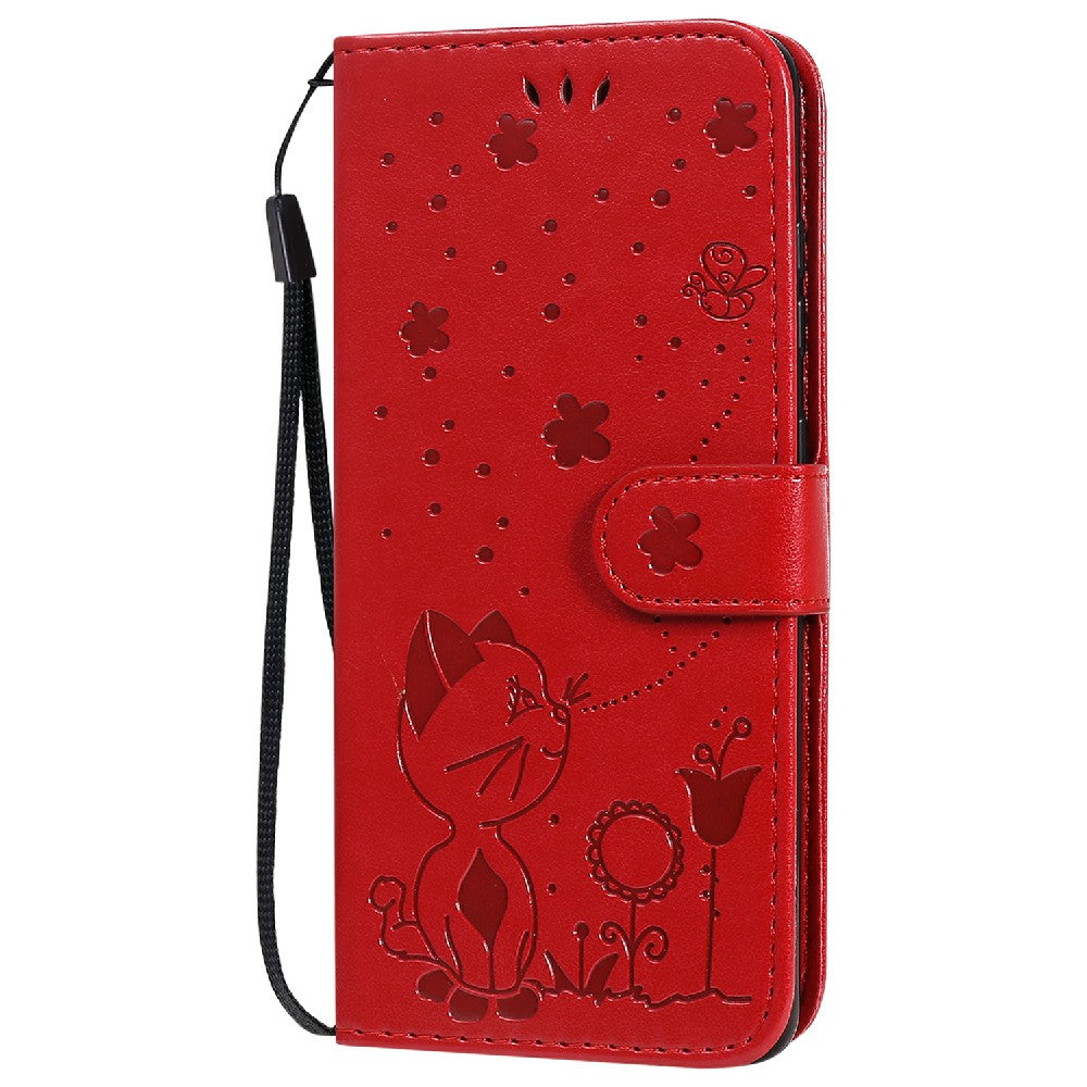 KT Imprinting Flower Series-4 Cat and Bee Pattern Imprinted Protective Cover with Stand Leather Wallet Case for Samsung Galaxy S20 4G/S20 5G - Red