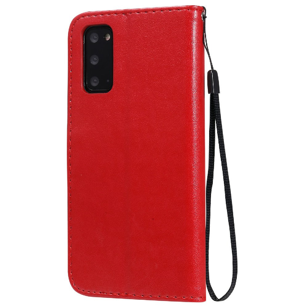 KT Imprinting Flower Series-4 Cat and Bee Pattern Imprinted Protective Cover with Stand Leather Wallet Case for Samsung Galaxy S20 4G/S20 5G - Red