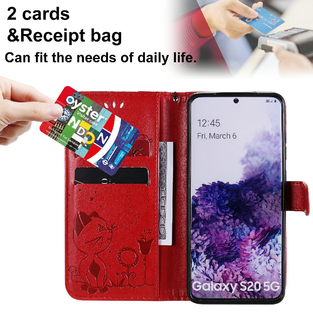 KT Imprinting Flower Series-4 Cat and Bee Pattern Imprinted Protective Cover with Stand Leather Wallet Case for Samsung Galaxy S20 4G/S20 5G - Red