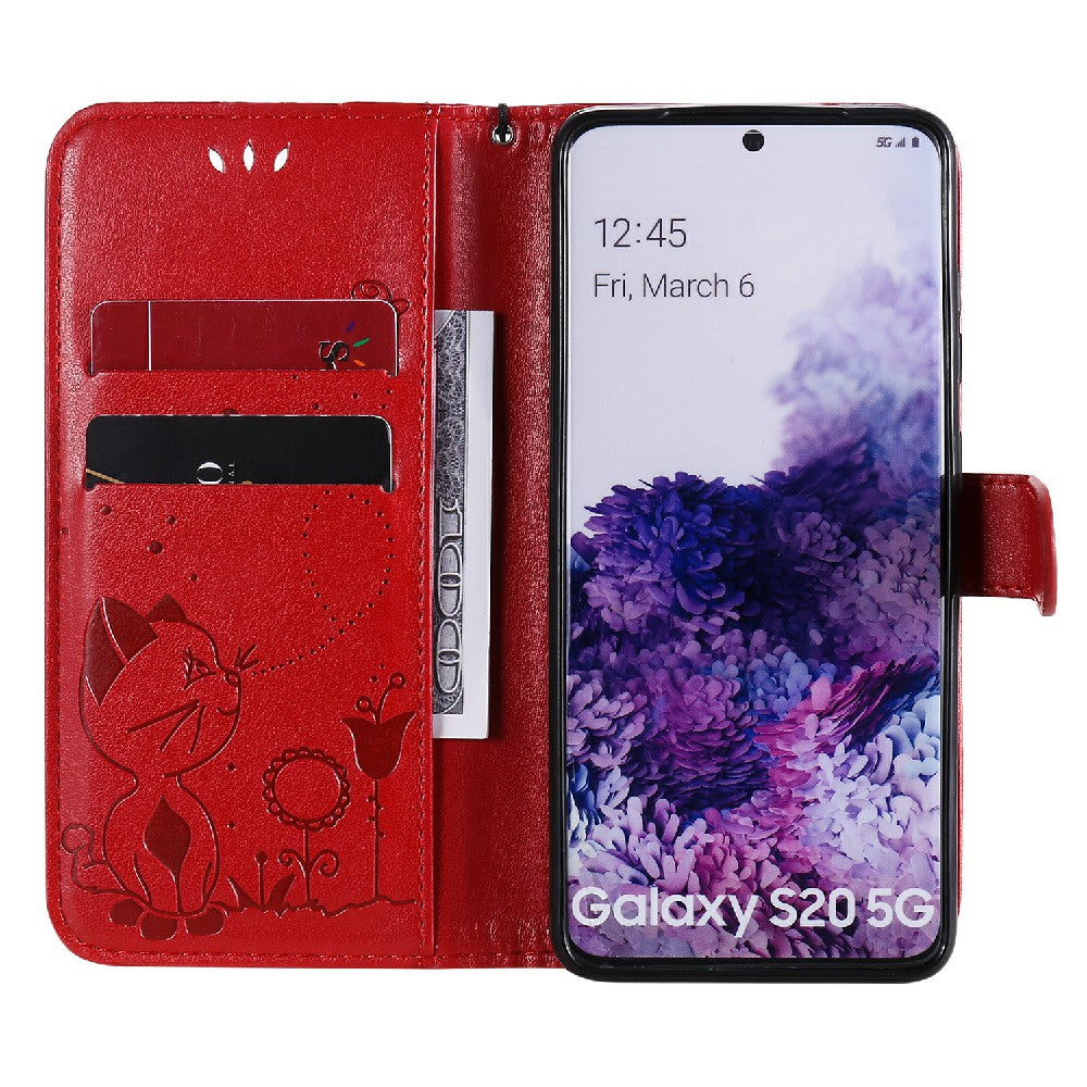 KT Imprinting Flower Series-4 Cat and Bee Pattern Imprinted Protective Cover with Stand Leather Wallet Case for Samsung Galaxy S20 4G/S20 5G - Red