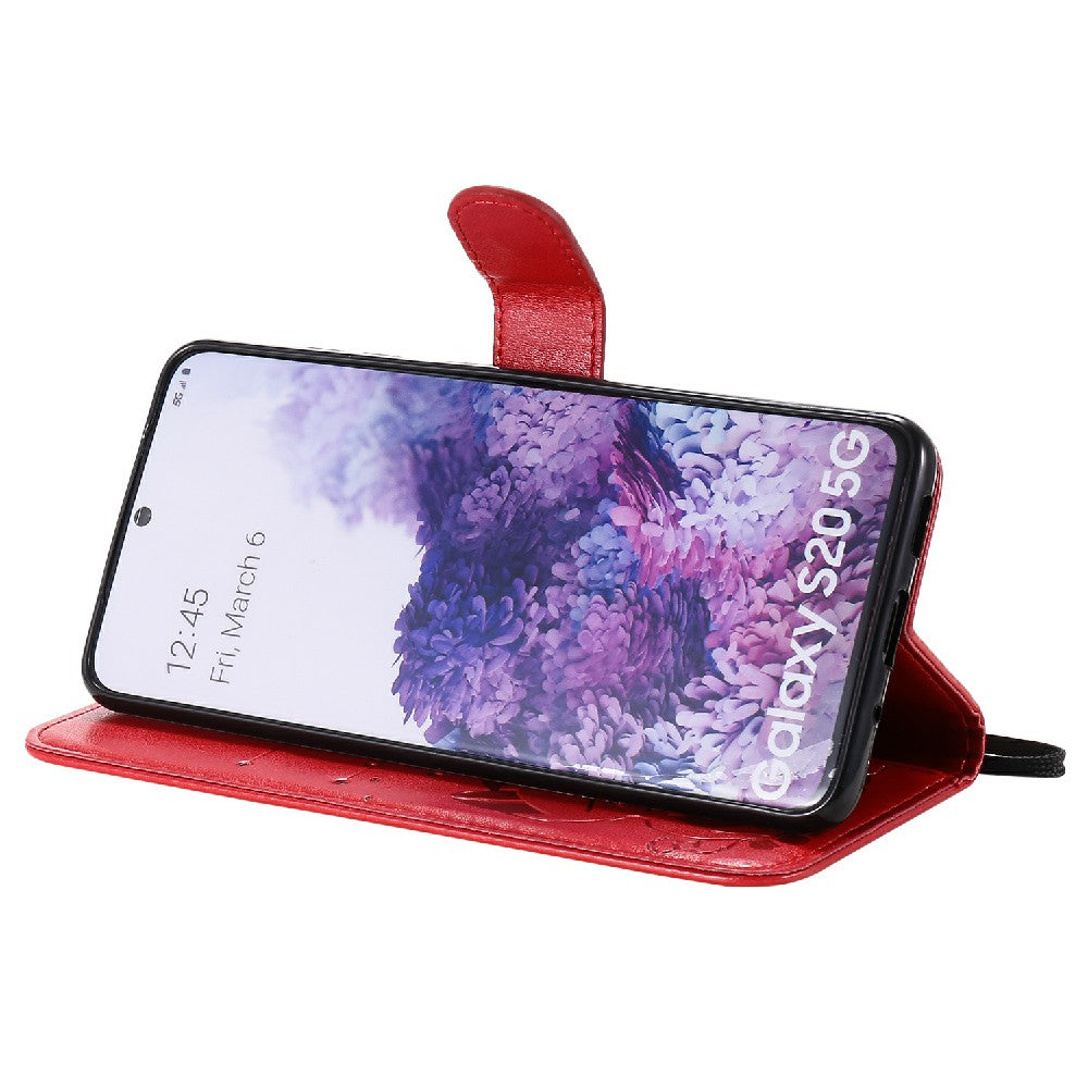 KT Imprinting Flower Series-4 Cat and Bee Pattern Imprinted Protective Cover with Stand Leather Wallet Case for Samsung Galaxy S20 4G/S20 5G - Red