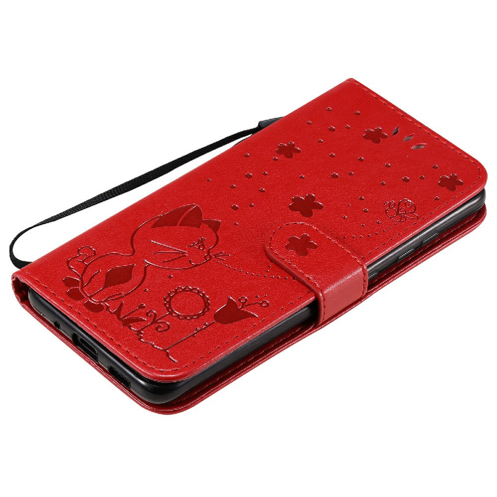 KT Imprinting Flower Series-4 Cat and Bee Pattern Imprinted Protective Cover with Stand Leather Wallet Case for Samsung Galaxy S20 4G/S20 5G - Red