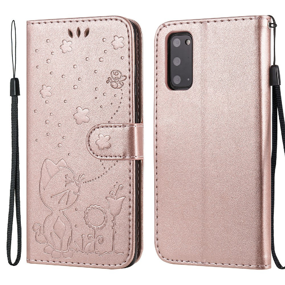 KT Imprinting Flower Series-4 Cat and Bee Pattern Imprinted Protective Cover with Stand Leather Wallet Case for Samsung Galaxy S20 4G/S20 5G - Rose Gold