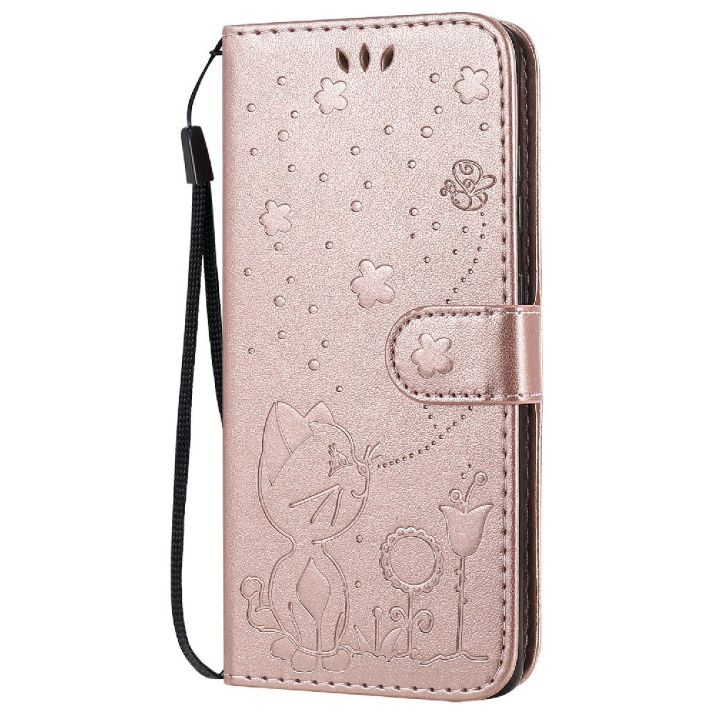 KT Imprinting Flower Series-4 Cat and Bee Pattern Imprinted Protective Cover with Stand Leather Wallet Case for Samsung Galaxy S20 4G/S20 5G - Rose Gold