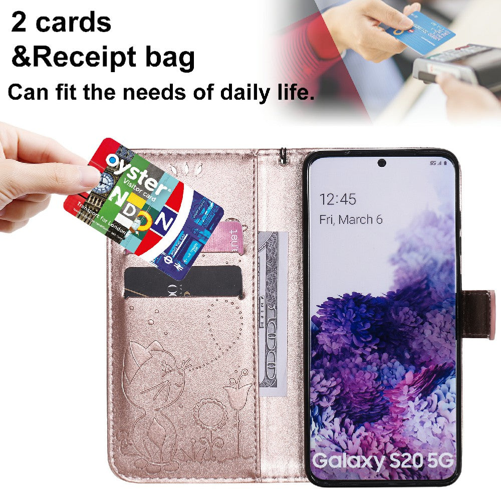 KT Imprinting Flower Series-4 Cat and Bee Pattern Imprinted Protective Cover with Stand Leather Wallet Case for Samsung Galaxy S20 4G/S20 5G - Rose Gold