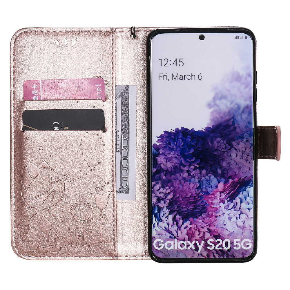 KT Imprinting Flower Series-4 Cat and Bee Pattern Imprinted Protective Cover with Stand Leather Wallet Case for Samsung Galaxy S20 4G/S20 5G - Rose Gold