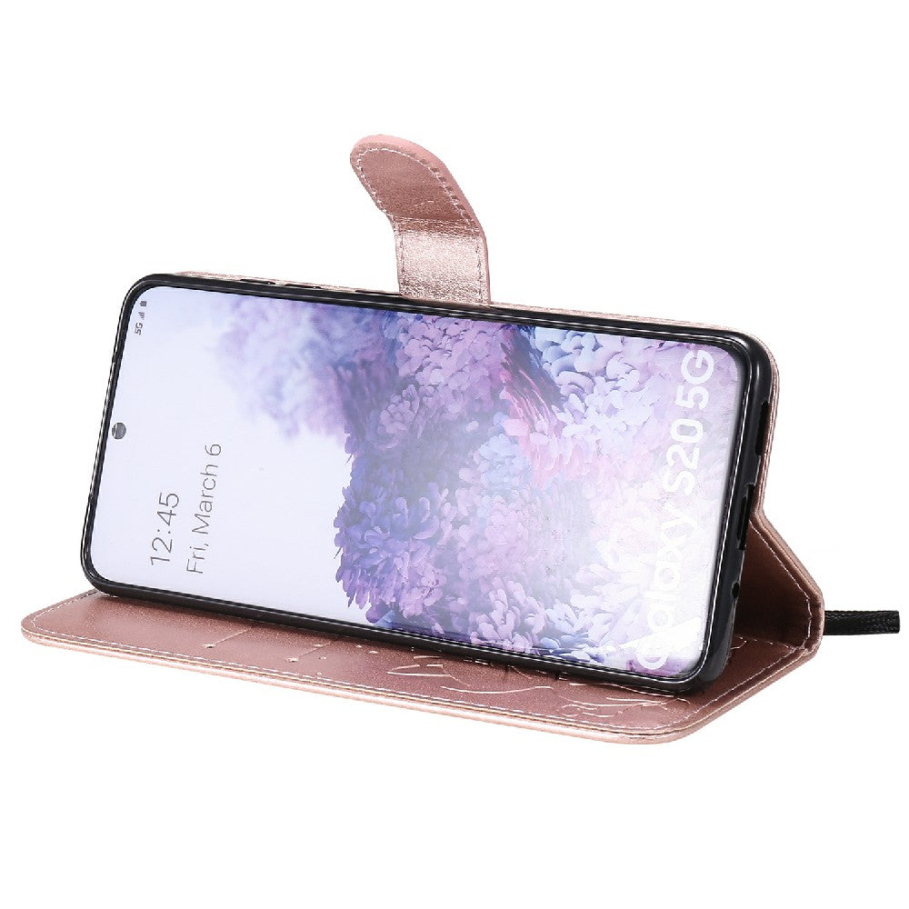 KT Imprinting Flower Series-4 Cat and Bee Pattern Imprinted Protective Cover with Stand Leather Wallet Case for Samsung Galaxy S20 4G/S20 5G - Rose Gold