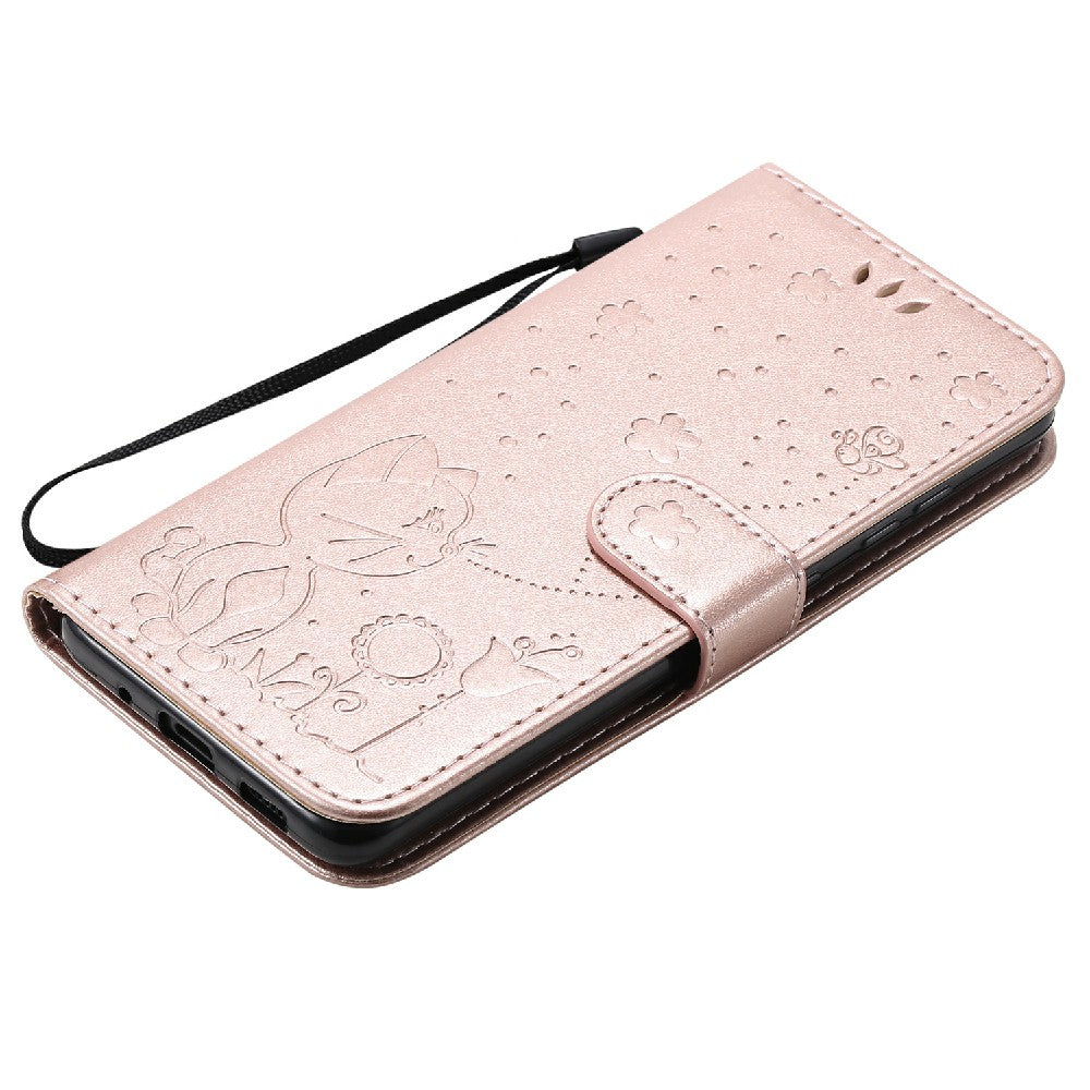 KT Imprinting Flower Series-4 Cat and Bee Pattern Imprinted Protective Cover with Stand Leather Wallet Case for Samsung Galaxy S20 4G/S20 5G - Rose Gold