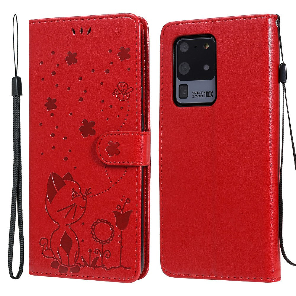 Folio Book Style KT Imprinting Flower Series-4 Cat and Bee Pattern Imprinting Leather Wallet Stand Case with Strap for Samsung Galaxy S20 Ultra - Red