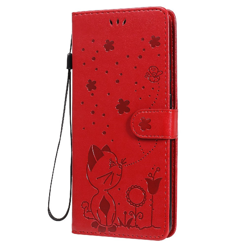 Folio Book Style KT Imprinting Flower Series-4 Cat and Bee Pattern Imprinting Leather Wallet Stand Case with Strap for Samsung Galaxy S20 Ultra - Red