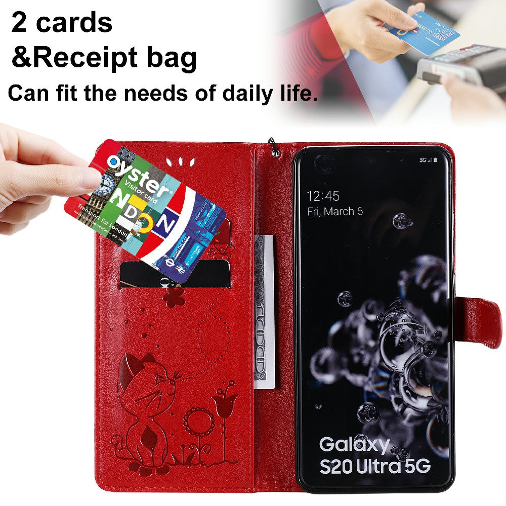 Folio Book Style KT Imprinting Flower Series-4 Cat and Bee Pattern Imprinting Leather Wallet Stand Case with Strap for Samsung Galaxy S20 Ultra - Red