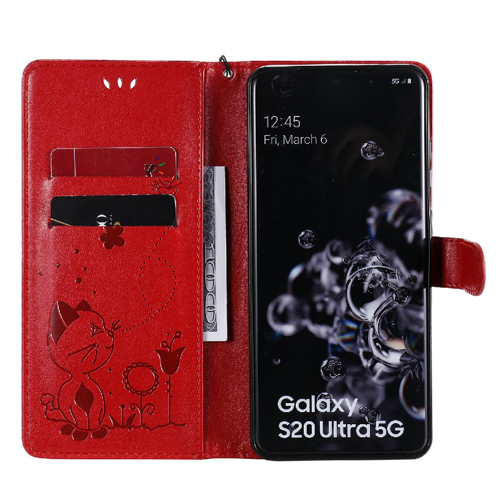 Folio Book Style KT Imprinting Flower Series-4 Cat and Bee Pattern Imprinting Leather Wallet Stand Case with Strap for Samsung Galaxy S20 Ultra - Red