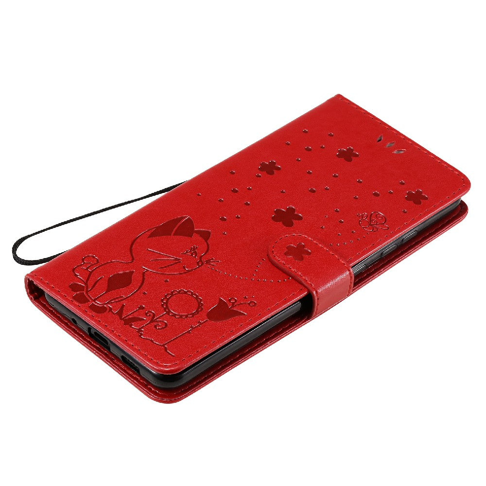 Folio Book Style KT Imprinting Flower Series-4 Cat and Bee Pattern Imprinting Leather Wallet Stand Case with Strap for Samsung Galaxy S20 Ultra - Red