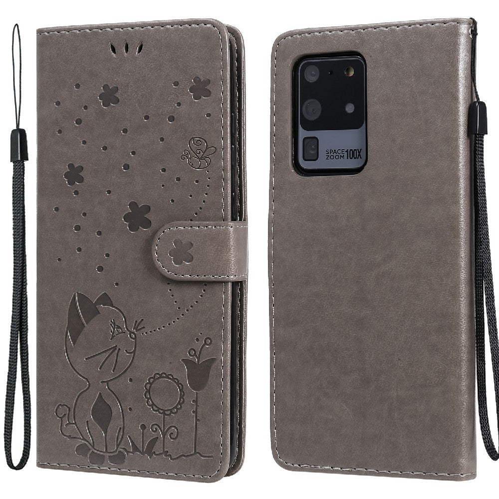 Folio Book Style KT Imprinting Flower Series-4 Cat and Bee Pattern Imprinting Leather Wallet Stand Case with Strap for Samsung Galaxy S20 Ultra - Grey