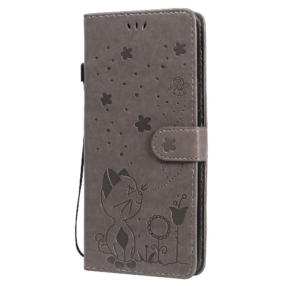 Folio Book Style KT Imprinting Flower Series-4 Cat and Bee Pattern Imprinting Leather Wallet Stand Case with Strap for Samsung Galaxy S20 Ultra - Grey