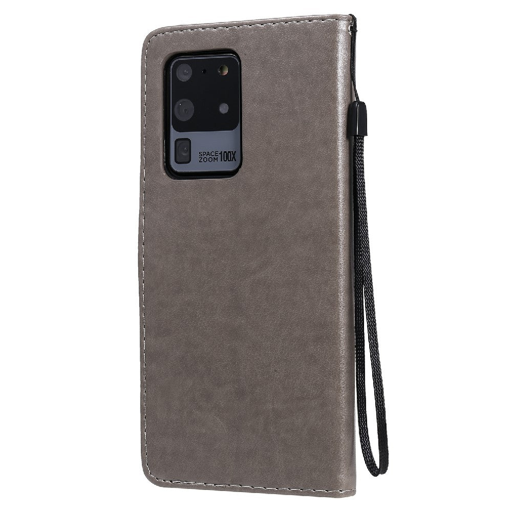 Folio Book Style KT Imprinting Flower Series-4 Cat and Bee Pattern Imprinting Leather Wallet Stand Case with Strap for Samsung Galaxy S20 Ultra - Grey