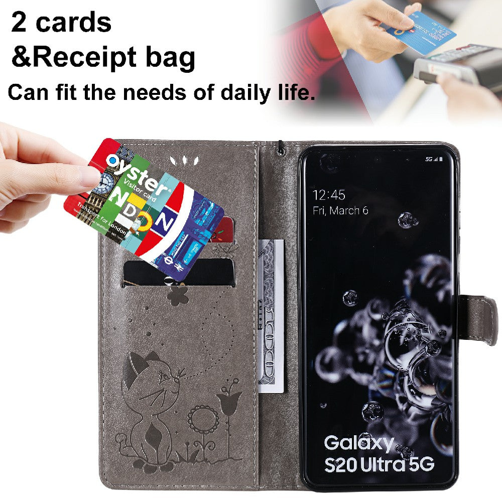 Folio Book Style KT Imprinting Flower Series-4 Cat and Bee Pattern Imprinting Leather Wallet Stand Case with Strap for Samsung Galaxy S20 Ultra - Grey