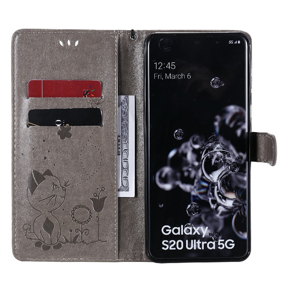 Folio Book Style KT Imprinting Flower Series-4 Cat and Bee Pattern Imprinting Leather Wallet Stand Case with Strap for Samsung Galaxy S20 Ultra - Grey