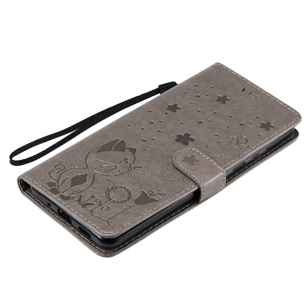 Folio Book Style KT Imprinting Flower Series-4 Cat and Bee Pattern Imprinting Leather Wallet Stand Case with Strap for Samsung Galaxy S20 Ultra - Grey