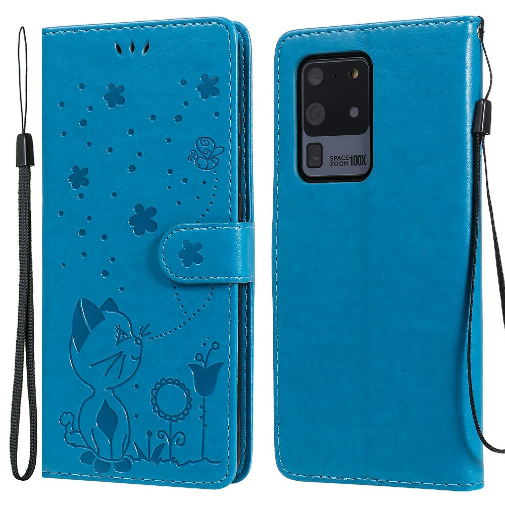 Folio Book Style KT Imprinting Flower Series-4 Cat and Bee Pattern Imprinting Leather Wallet Stand Case with Strap for Samsung Galaxy S20 Ultra - Blue