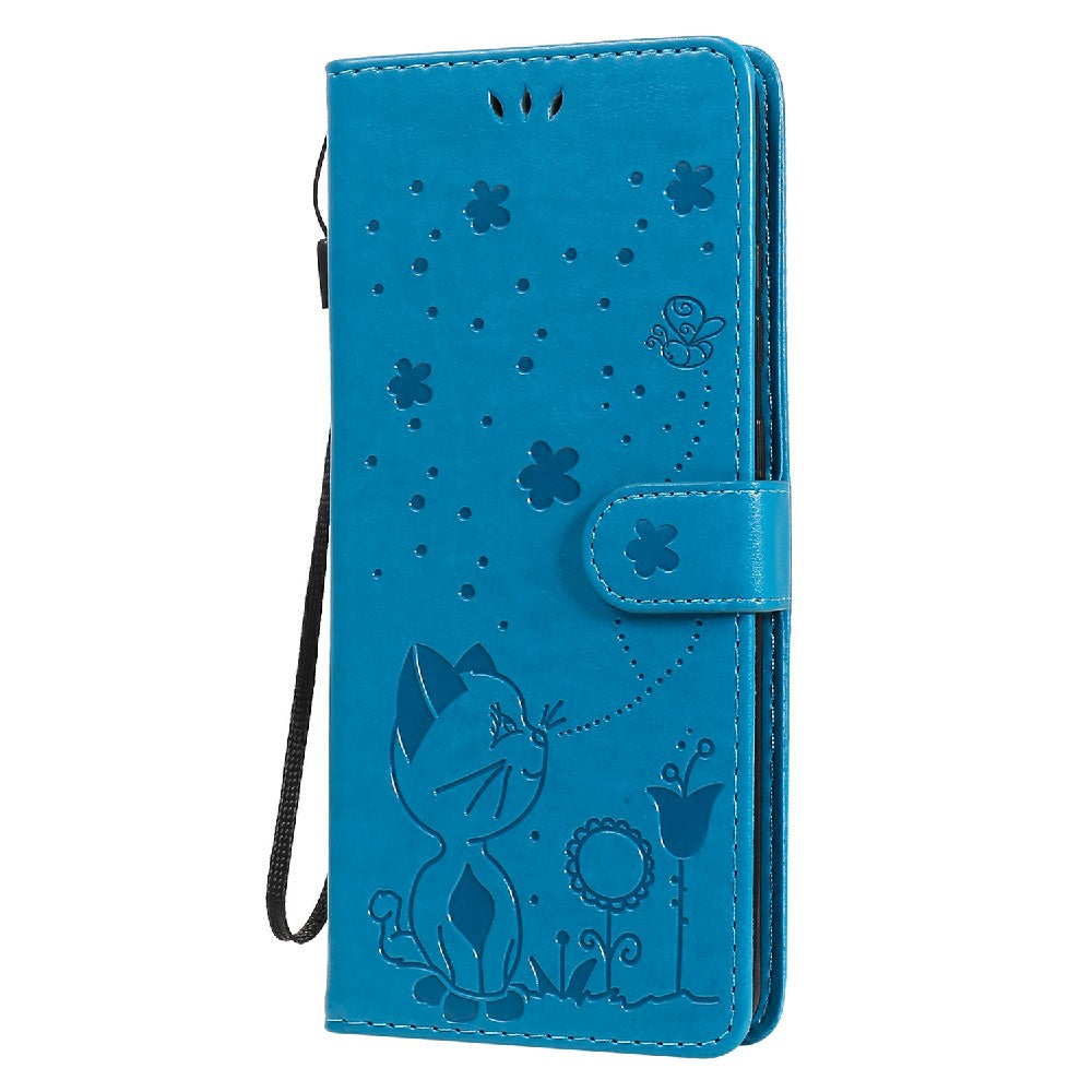 Folio Book Style KT Imprinting Flower Series-4 Cat and Bee Pattern Imprinting Leather Wallet Stand Case with Strap for Samsung Galaxy S20 Ultra - Blue