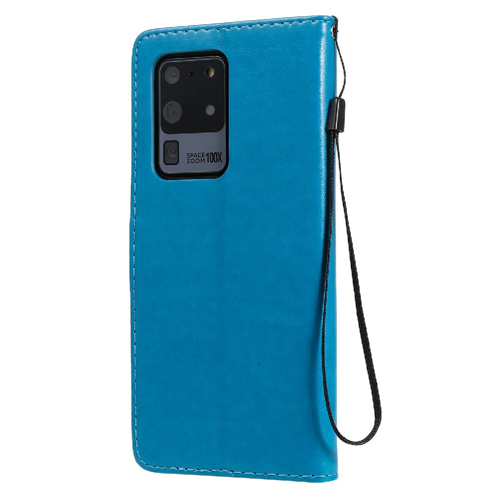 Folio Book Style KT Imprinting Flower Series-4 Cat and Bee Pattern Imprinting Leather Wallet Stand Case with Strap for Samsung Galaxy S20 Ultra - Blue