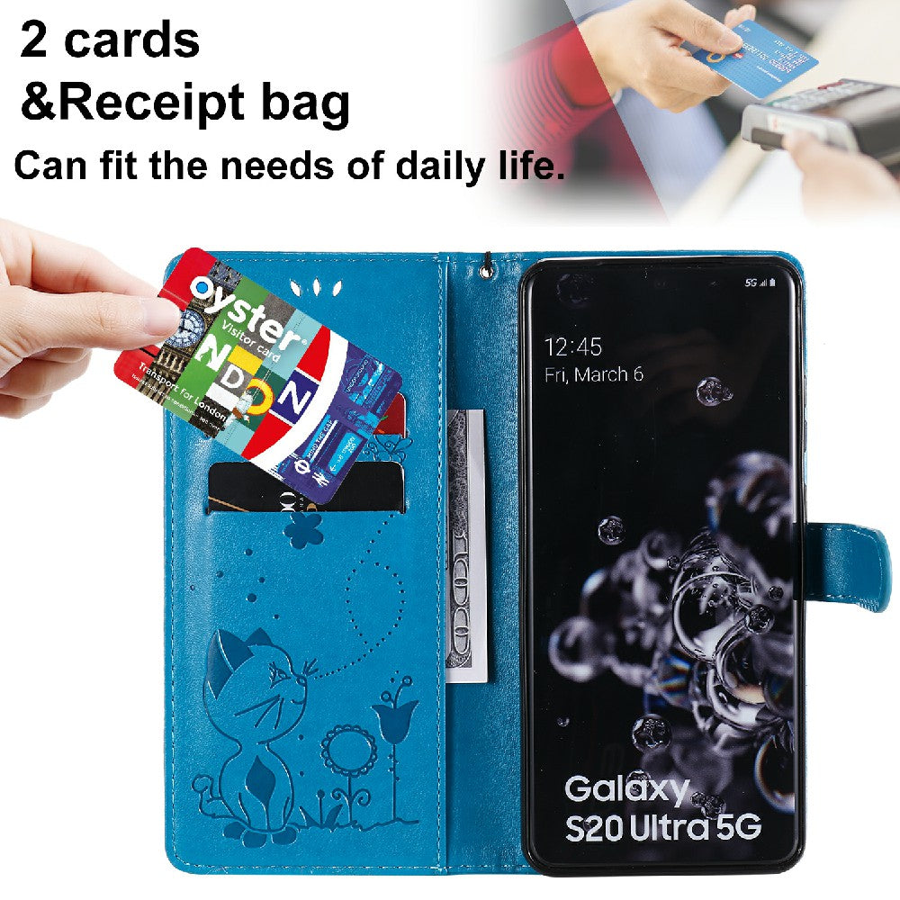 Folio Book Style KT Imprinting Flower Series-4 Cat and Bee Pattern Imprinting Leather Wallet Stand Case with Strap for Samsung Galaxy S20 Ultra - Blue