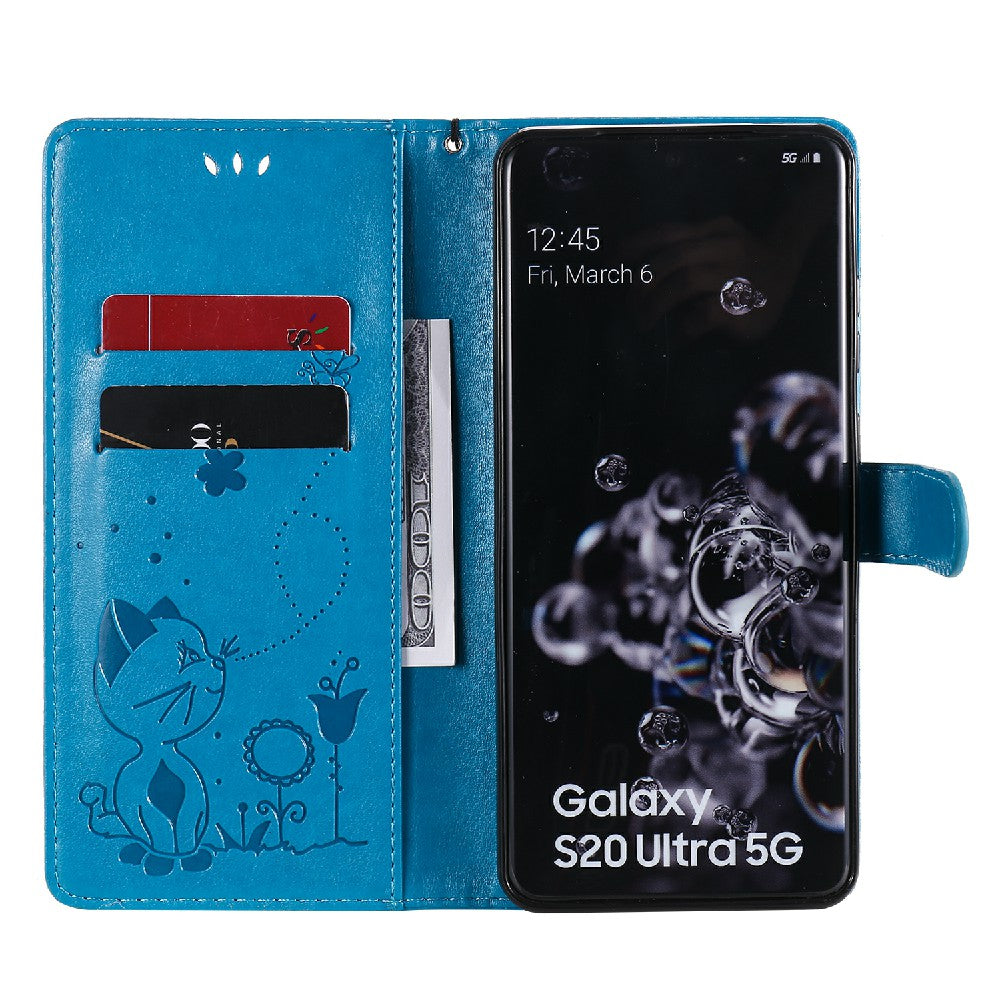 Folio Book Style KT Imprinting Flower Series-4 Cat and Bee Pattern Imprinting Leather Wallet Stand Case with Strap for Samsung Galaxy S20 Ultra - Blue