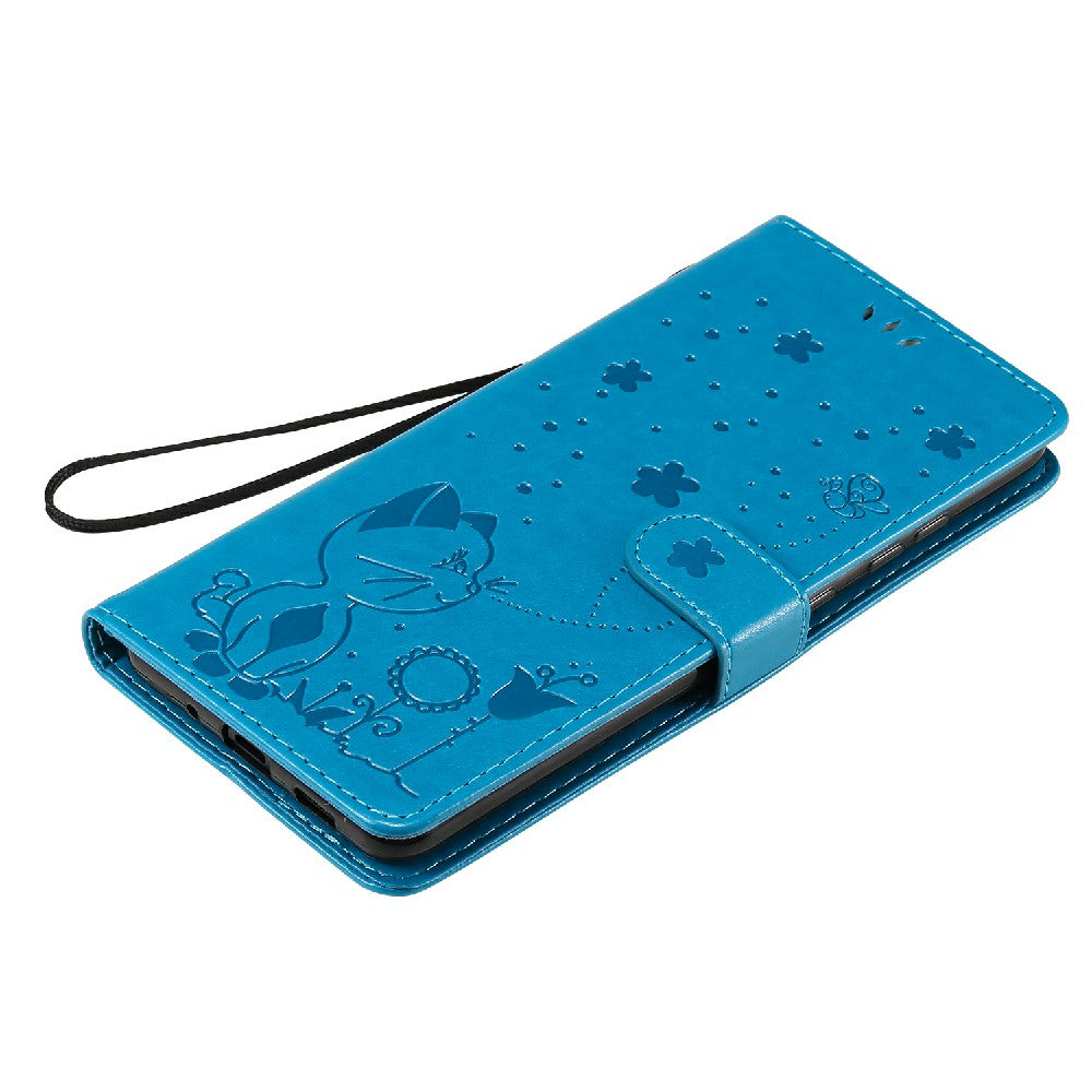 Folio Book Style KT Imprinting Flower Series-4 Cat and Bee Pattern Imprinting Leather Wallet Stand Case with Strap for Samsung Galaxy S20 Ultra - Blue