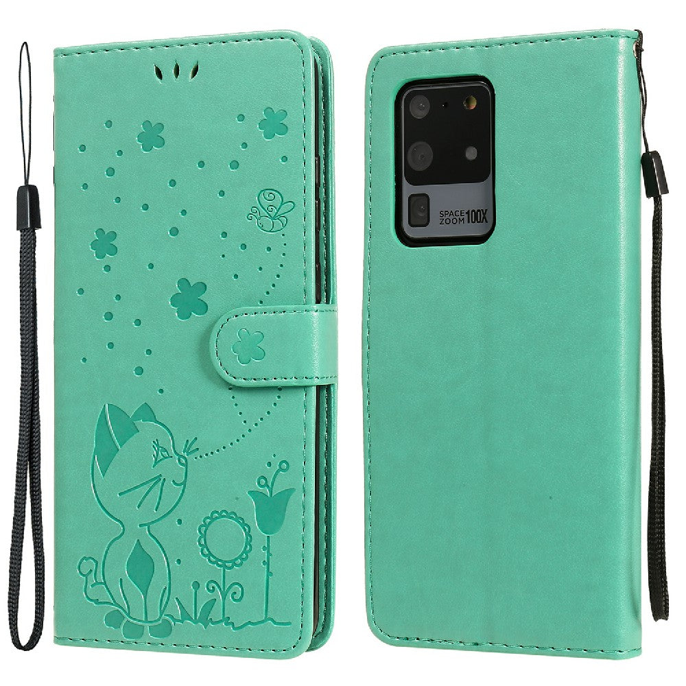 Folio Book Style KT Imprinting Flower Series-4 Cat and Bee Pattern Imprinting Leather Wallet Stand Case with Strap for Samsung Galaxy S20 Ultra - Green