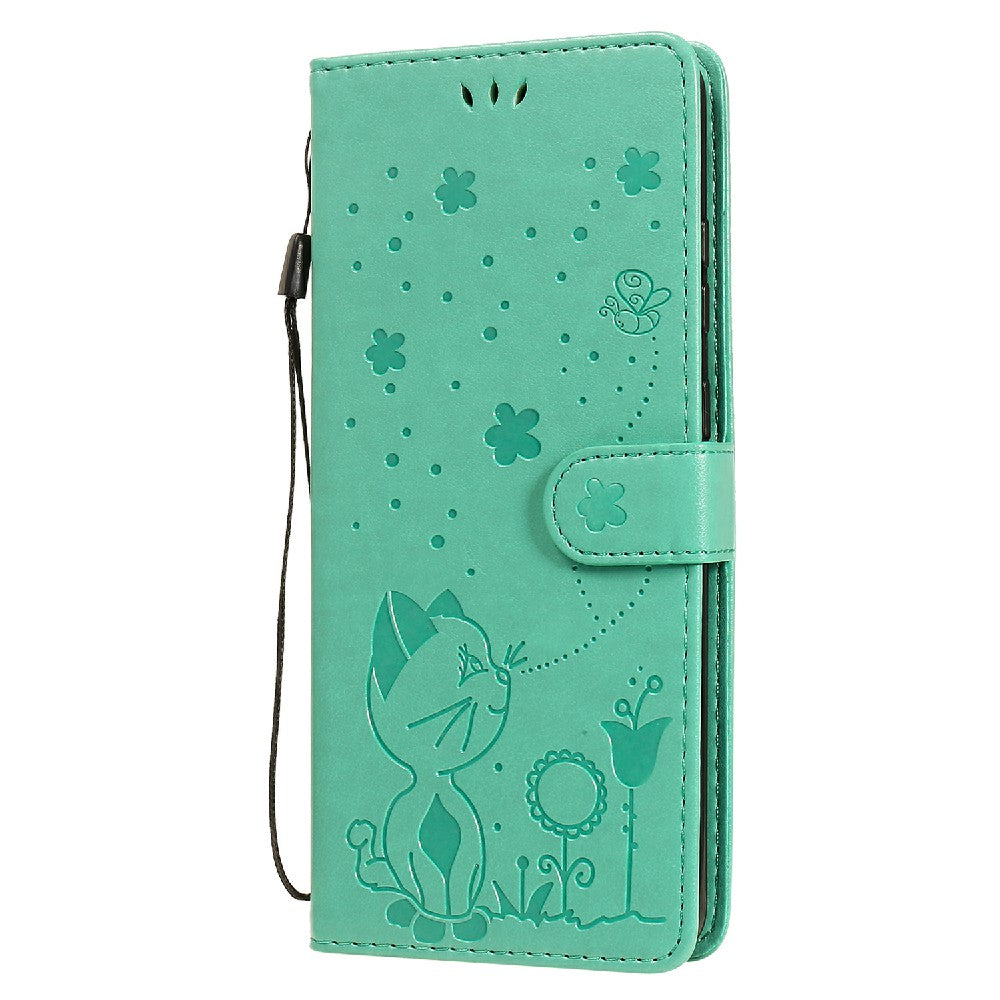 Folio Book Style KT Imprinting Flower Series-4 Cat and Bee Pattern Imprinting Leather Wallet Stand Case with Strap for Samsung Galaxy S20 Ultra - Green