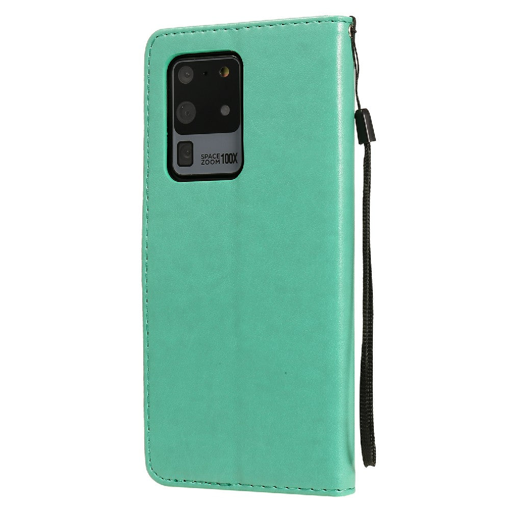 Folio Book Style KT Imprinting Flower Series-4 Cat and Bee Pattern Imprinting Leather Wallet Stand Case with Strap for Samsung Galaxy S20 Ultra - Green