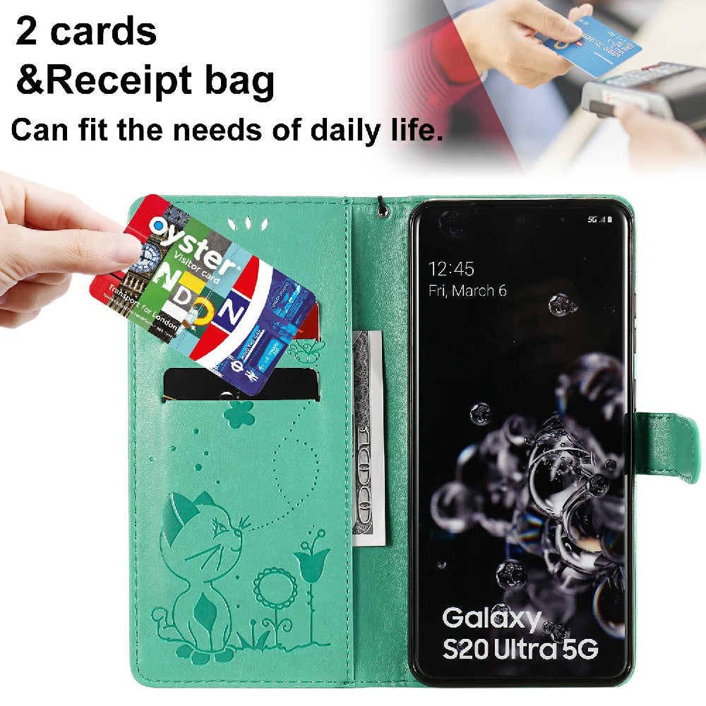 Folio Book Style KT Imprinting Flower Series-4 Cat and Bee Pattern Imprinting Leather Wallet Stand Case with Strap for Samsung Galaxy S20 Ultra - Green