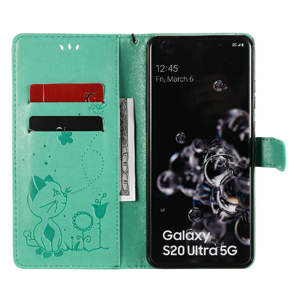 Folio Book Style KT Imprinting Flower Series-4 Cat and Bee Pattern Imprinting Leather Wallet Stand Case with Strap for Samsung Galaxy S20 Ultra - Green