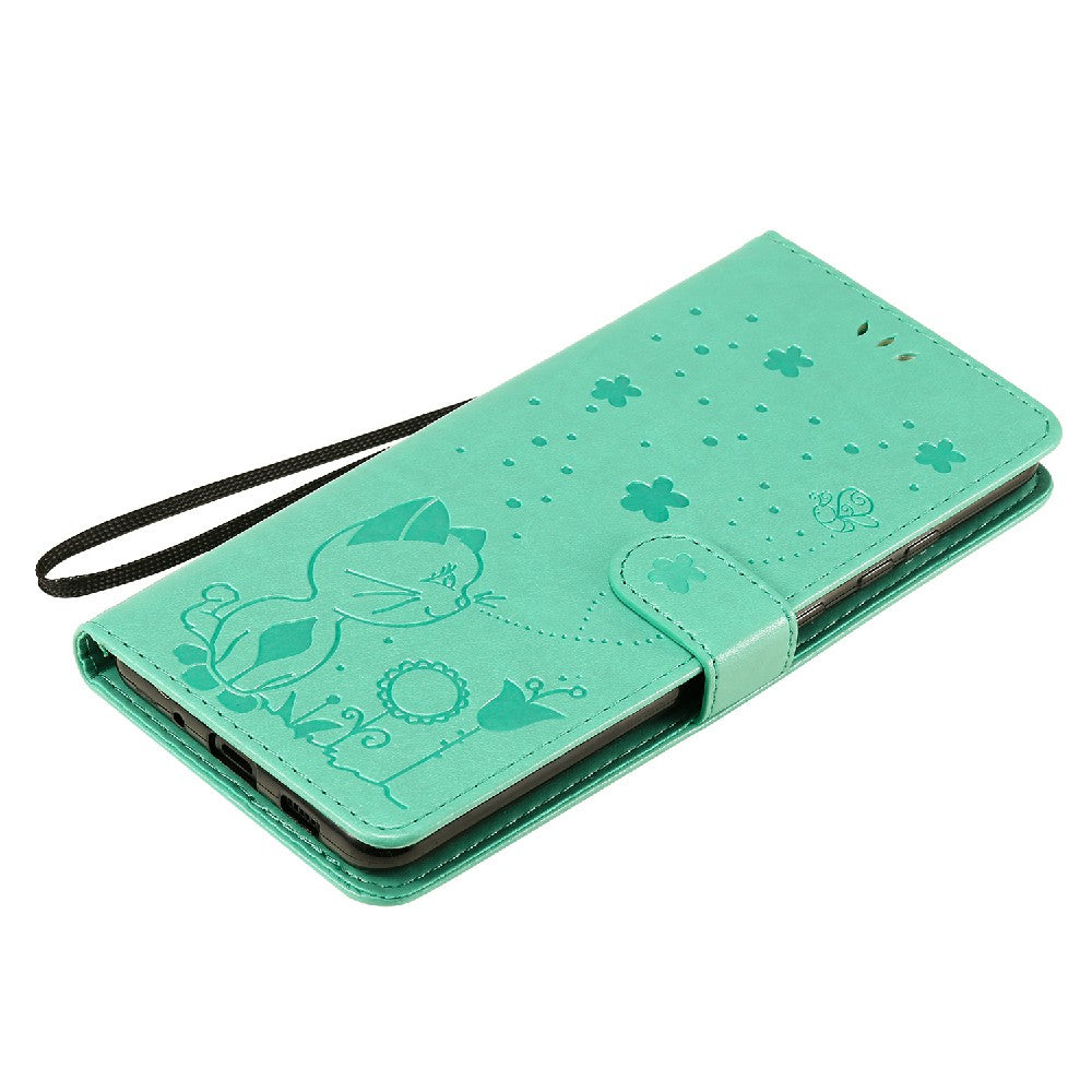 Folio Book Style KT Imprinting Flower Series-4 Cat and Bee Pattern Imprinting Leather Wallet Stand Case with Strap for Samsung Galaxy S20 Ultra - Green