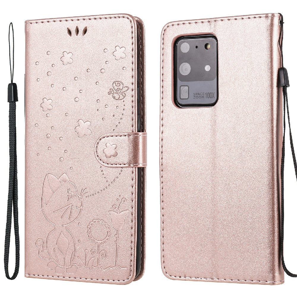 Folio Book Style KT Imprinting Flower Series-4 Cat and Bee Pattern Imprinting Leather Wallet Stand Case with Strap for Samsung Galaxy S20 Ultra - Rose Gold