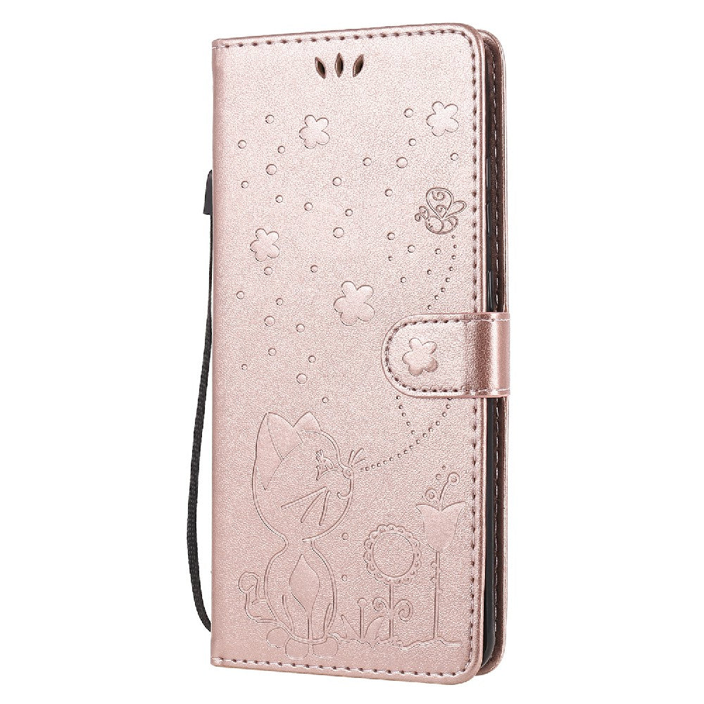 Folio Book Style KT Imprinting Flower Series-4 Cat and Bee Pattern Imprinting Leather Wallet Stand Case with Strap for Samsung Galaxy S20 Ultra - Rose Gold