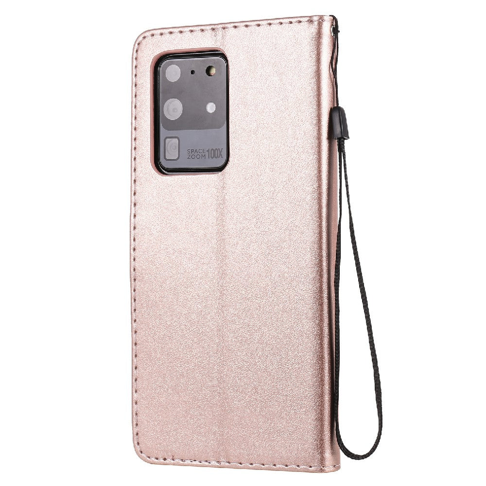 Folio Book Style KT Imprinting Flower Series-4 Cat and Bee Pattern Imprinting Leather Wallet Stand Case with Strap for Samsung Galaxy S20 Ultra - Rose Gold