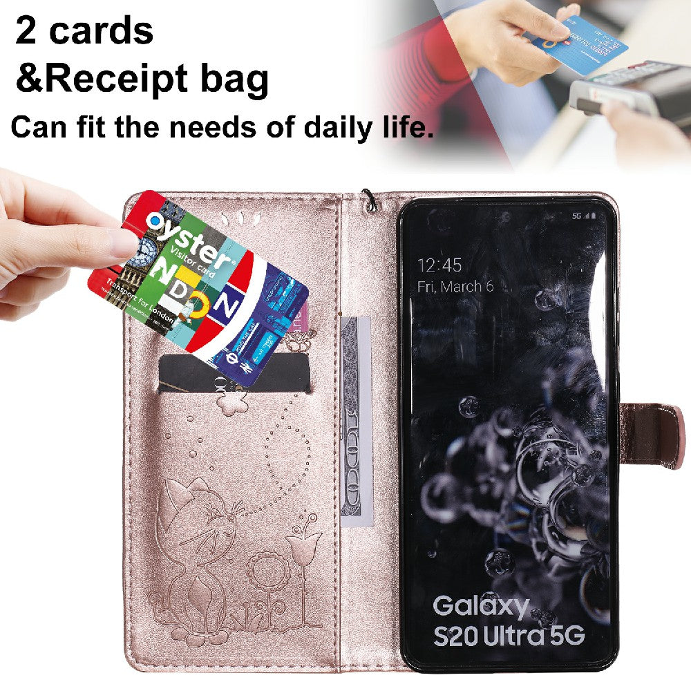 Folio Book Style KT Imprinting Flower Series-4 Cat and Bee Pattern Imprinting Leather Wallet Stand Case with Strap for Samsung Galaxy S20 Ultra - Rose Gold