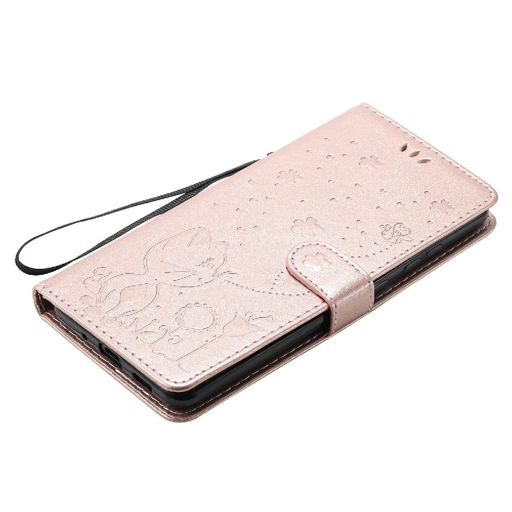 Folio Book Style KT Imprinting Flower Series-4 Cat and Bee Pattern Imprinting Leather Wallet Stand Case with Strap for Samsung Galaxy S20 Ultra - Rose Gold