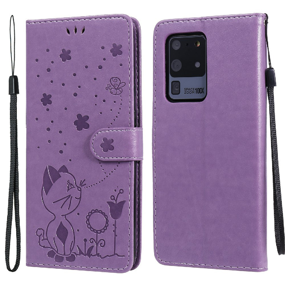 Folio Book Style KT Imprinting Flower Series-4 Cat and Bee Pattern Imprinting Leather Wallet Stand Case with Strap for Samsung Galaxy S20 Ultra - Purple