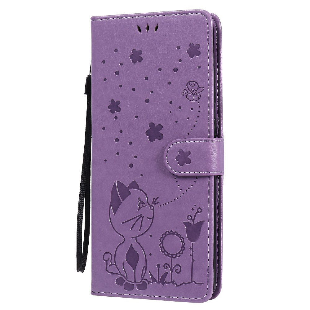 Folio Book Style KT Imprinting Flower Series-4 Cat and Bee Pattern Imprinting Leather Wallet Stand Case with Strap for Samsung Galaxy S20 Ultra - Purple