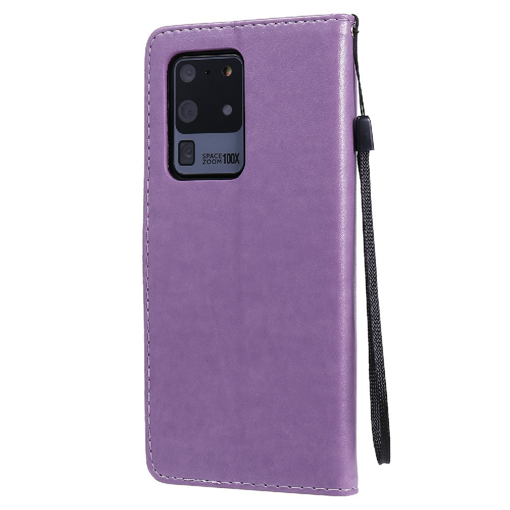 Folio Book Style KT Imprinting Flower Series-4 Cat and Bee Pattern Imprinting Leather Wallet Stand Case with Strap for Samsung Galaxy S20 Ultra - Purple